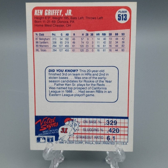 Ken Griffey Jr., Mariners, 1990 Fleer, #513 Baseball Card - Picture 2 of 2